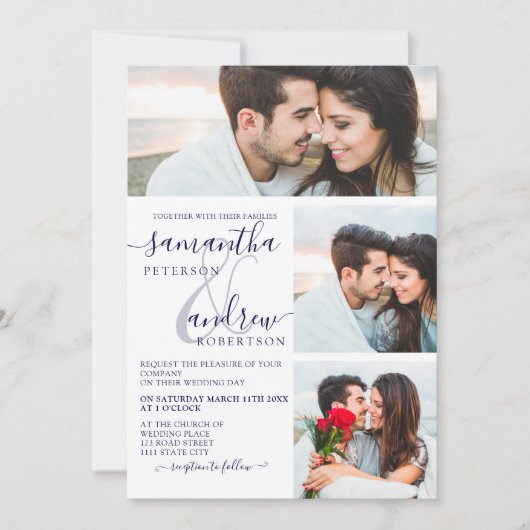 Navy blue minimalist script 3 foto's bruiloft kaart (Voorkant)