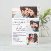 Navy blue minimalist script 3 foto's bruiloft kaart (Staand voorkant)