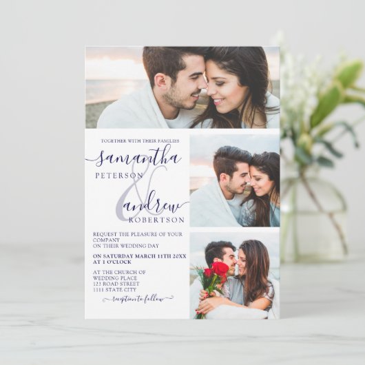 Navy blue minimalist script 3 foto's bruiloft kaart (Staand voorkant)