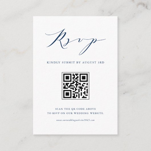 Navy Blue Minimalist Script Black QR Code RSVP Informatiekaartje (Voorkant)