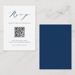 Navy Blue Minimalist Script Black QR Code RSVP Informatiekaartje