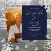 Navy Blue Minimalist Script Fotobruiloft Kaart