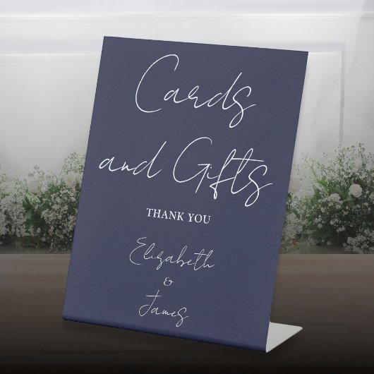 Navy Blue Minimalist Script Kaarten en geschenken Reclamebord Met Voetstuk
