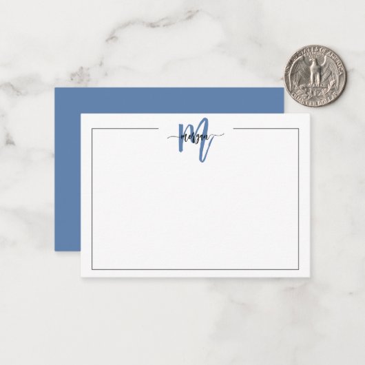 Navy Blue Minimalist Script Monogram One Border Notitiekaartje (Voorkant / Achterkant in situ)