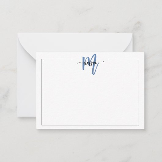 Navy Blue Minimalist Script Monogram One Border Notitiekaartje (Voorkant)