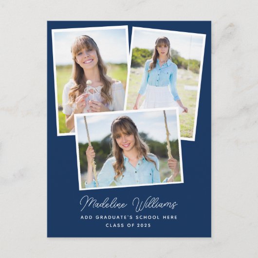 Navy Blue Minimalist Script Multi Photo Afstuderen Briefkaart (Voorkant)