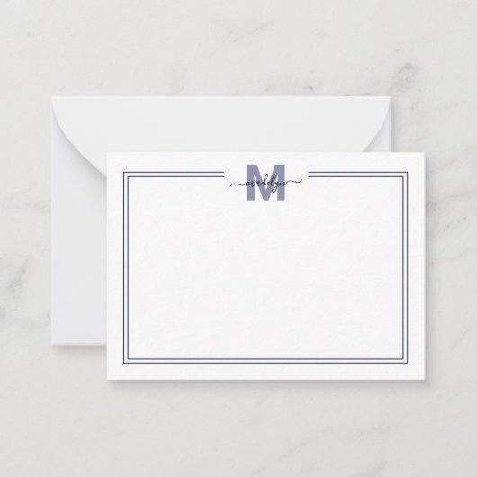Navy Blue Minimalist Script Naam Monogram Notitiekaartje (Voorkant)