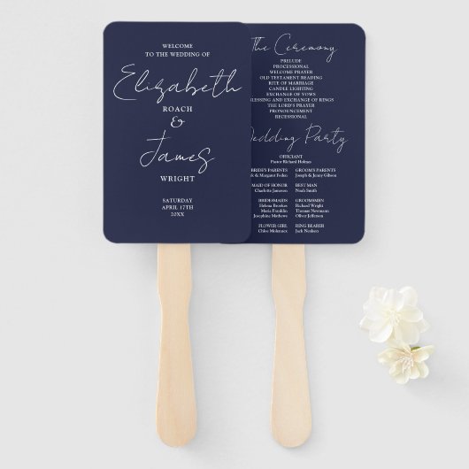 Navy Blue Minimalist Script Wedding Program Handwaaier (Voorkant en achterkant)