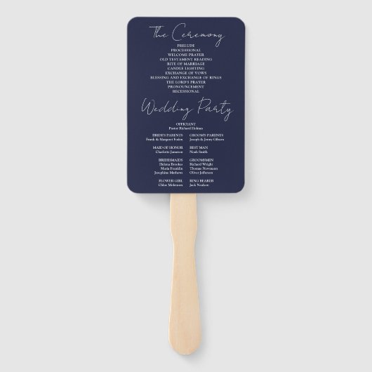 Navy Blue Minimalist Script Wedding Program Handwaaier (Achterkant)