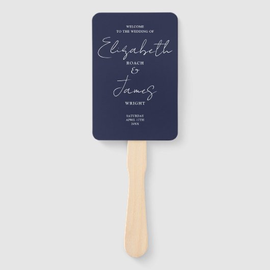 Navy Blue Minimalist Script Wedding Program Handwaaier (Voorkant)