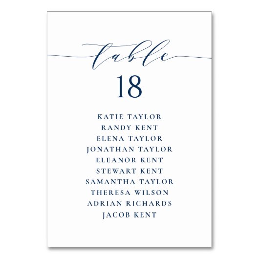 Navy Blue Minimalist Script Wedding Seating Plan Kaart (Voorkant)