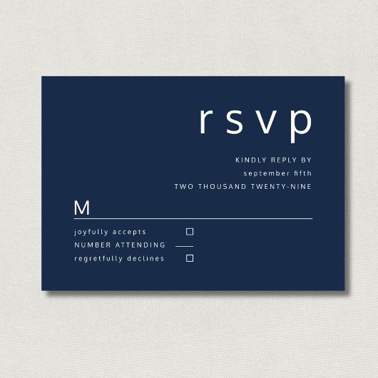 Navy Blue Minimalist Typography Wedding RSVP Kaartje
