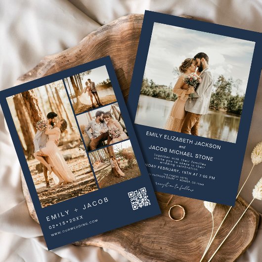 Navy Blue Minimalist Vijf 5 foto QR code bruiloft Kaart