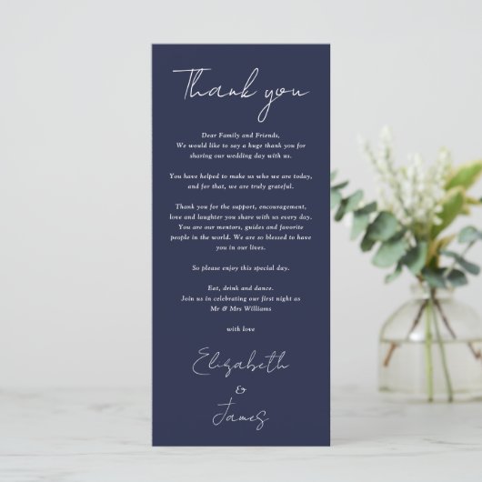Navy Blue Minimalist Wedding Bedankt Place Card Menu (Staand voorkant)