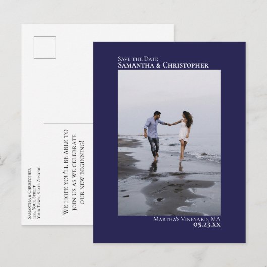 Navy Blue Minimalist Wedding Photo Save the Date Aankondigingskaart (Voorkant / Achterkant)