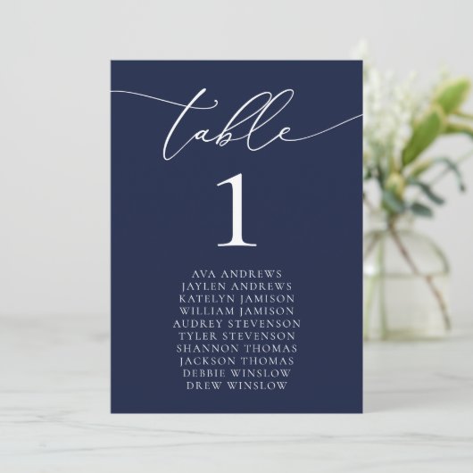 Navy Blue Minimalist Wedding Table Number Kaart (Staand voorkant)