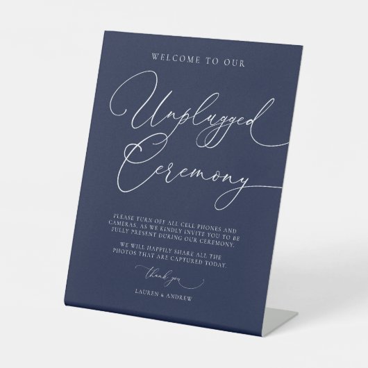 Navy Blue Minimalist Wedding Unplugged Ceremony Pe Reclamebord Met Voetstuk (Voorkant)