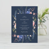 Navy Blue Minimalist Wildflower Floral Wedding Kaart (Staand voorkant)