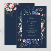 Navy Blue Minimalist Wildflower Floral Wedding Kaart (Voorkant / Achterkant)