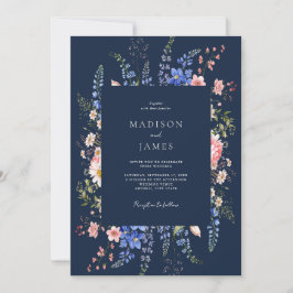 Navy Blue Minimalist Wildflower Floral Wedding Kaart