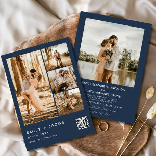 Navy Blue Minimalistische Foto QR code bruiloft Kaart
