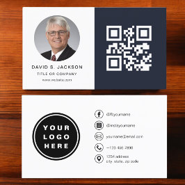 Navy Blue Minimalistische Foto QR Code Sociale Med Visitekaartje