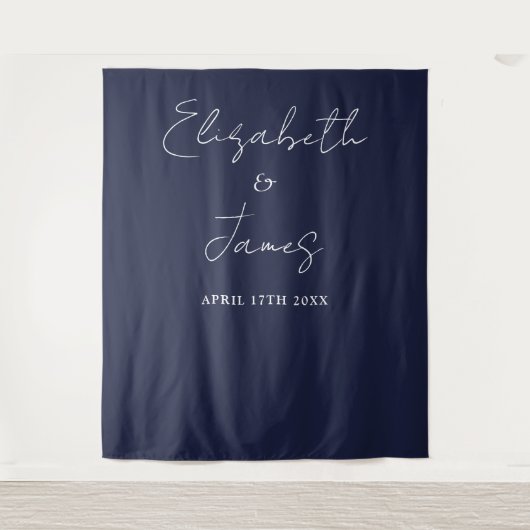Navy Blue Minimalistische Wedding Foto Achtergrond Wandkleed (Voorkant)