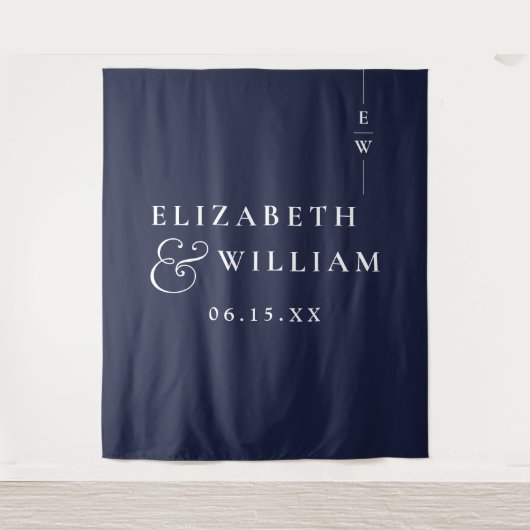 Navy Blue Minimalistische Wedding Foto Achtergrond Wandkleed (Voorkant)