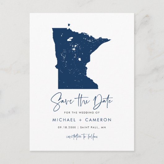 Navy Blue Minnesota Kaart QR Code Bewaar de datum (Voorkant)