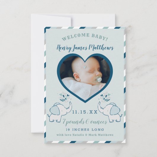 Navy Blue & Mint Elephant Baby Boy Foto geboorte Aankondiging (Voorkant)