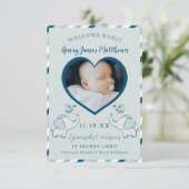 Navy Blue & Mint Elephant Baby Boy Foto geboorte Aankondiging (Staand voorkant)