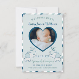 Navy Blue & Mint Elephant Baby Boy Foto geboorte Aankondiging