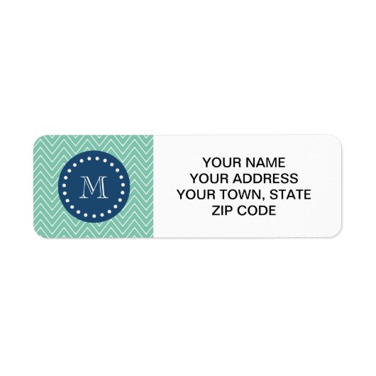 Navy Blue, Mint Green Chevron Pattern | Uw Monog Etiket (Voorkant)