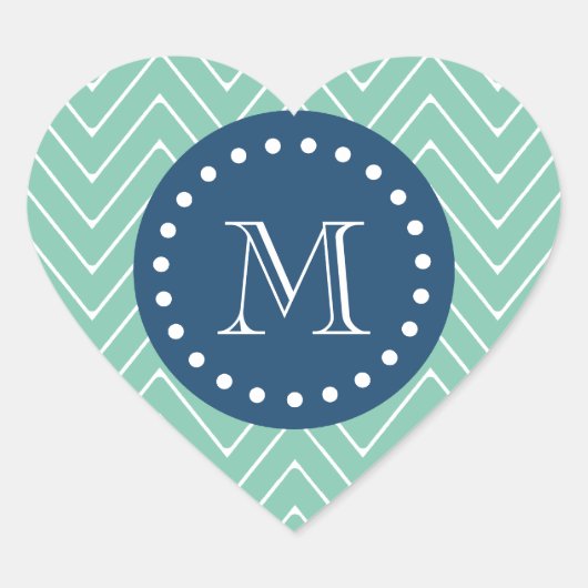 Navy Blue, Mint Green Chevron Pattern | Uw Monog Hart Sticker (Voorkant)