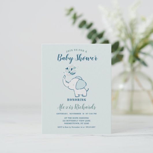 Navy Blue & Mint Schattigee olifant thema Baby sho Kaart (Staand voorkant)