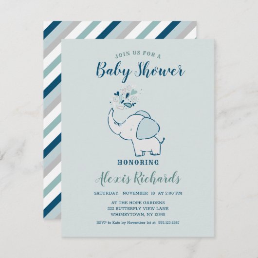 Navy Blue & Mint Schattigee olifant thema Baby sho Kaart (Voorkant / Achterkant)