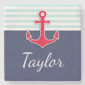 Navy Blue Mint Stripes Red Anchor Personalized Stenen Onderzetter (Voorkant)