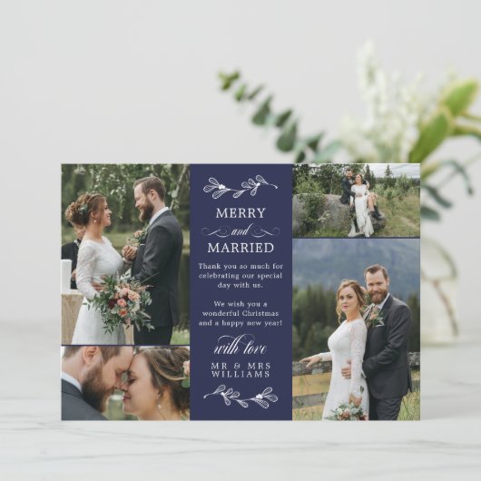 Navy Blue Mistletoe Merry Gefelriteerd kerstdank Bedankkaart (Staand voorkant)