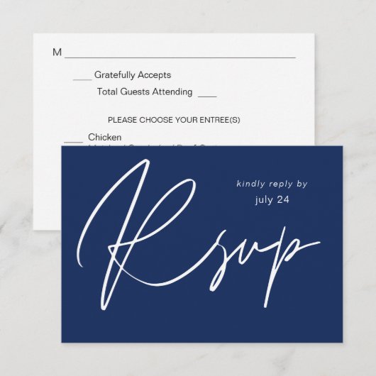 Navy Blue MOD Calligraphy w Meal RSVP Card Kaartje (Voorkant / Achterkant)