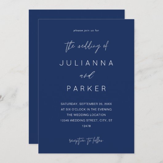 Navy Blue MOD Calligraphy Wedding Invitation Kaart (Voorkant / Achterkant)