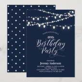 Navy Blue Modern 40th Adult Birthday Party Kaart (Voorkant / Achterkant)