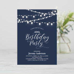 Navy Blue Modern 40th Adult Birthday Party Kaart