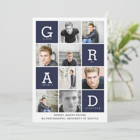 Navy blue modern afstuderen voor fotocollage aankondiging (Staand voorkant)