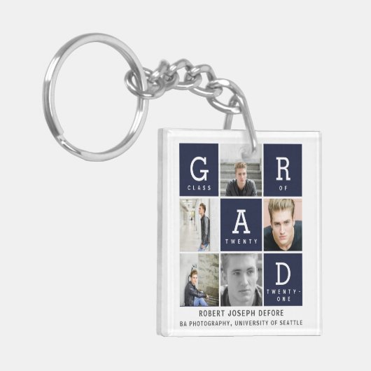 Navy blue modern afstuderen voor fotocollage sleutelhanger (Voorkant Links)