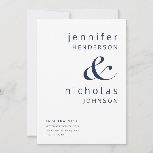 Navy Blue Modern Ampersand Typography Wedding Save The Date (Voorkant)
