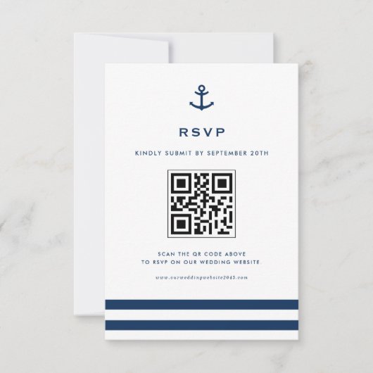 Navy Blue Modern Anchor Nautical QR Code RSVP Kaartje (Voorkant)