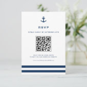 Navy Blue Modern Anchor Nautical QR Code RSVP Kaartje (Staand voorkant)