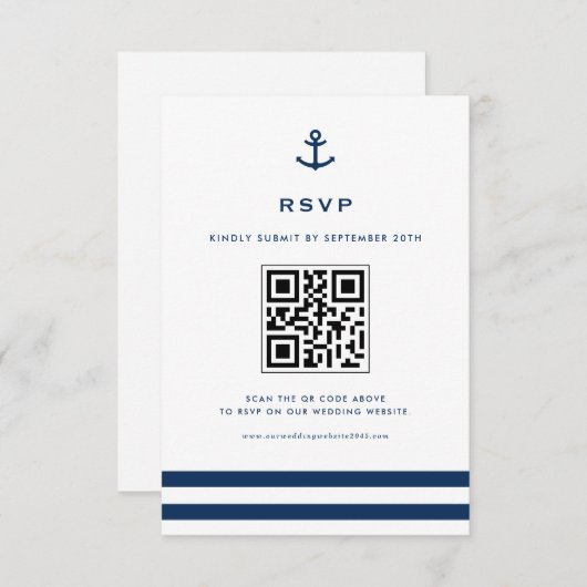 Navy Blue Modern Anchor Nautical QR Code RSVP Kaartje (Voorkant / Achterkant)