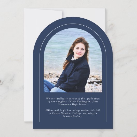 Navy Blue Modern Arch 2 Foto Afstudeerder Aankondi Kaart (Achterkant)