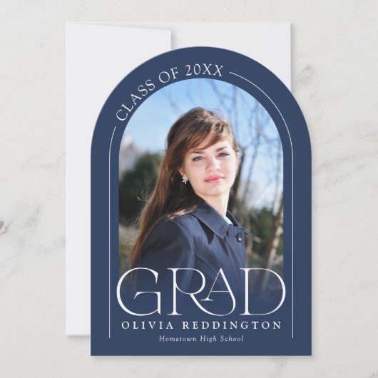 Navy Blue Modern Arch 2 Foto Afstudeerder Aankondi Kaart (Voorkant)